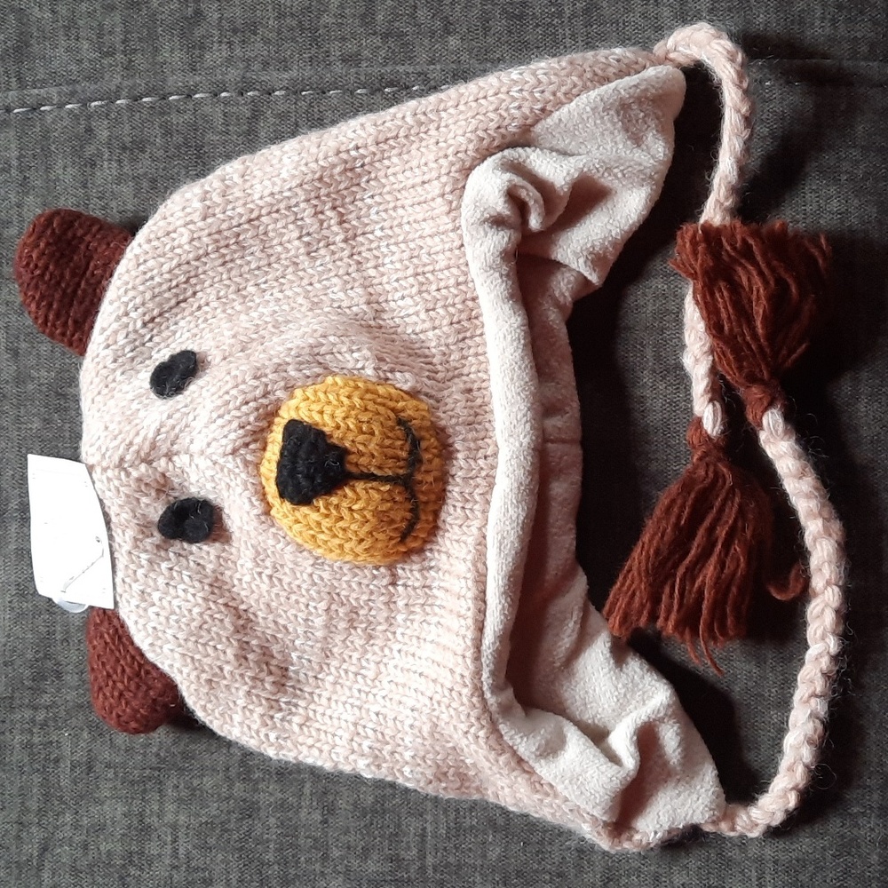 Tan Brown Bear Wool Knit Hat Ear Flap Braided Ties Youth Teen Tween Headwear